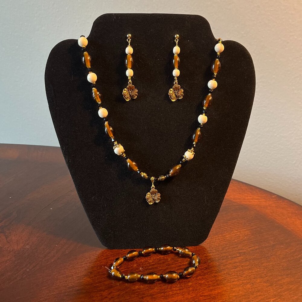 Handmade Jewelry Set - Brown with Gold Flower Charms